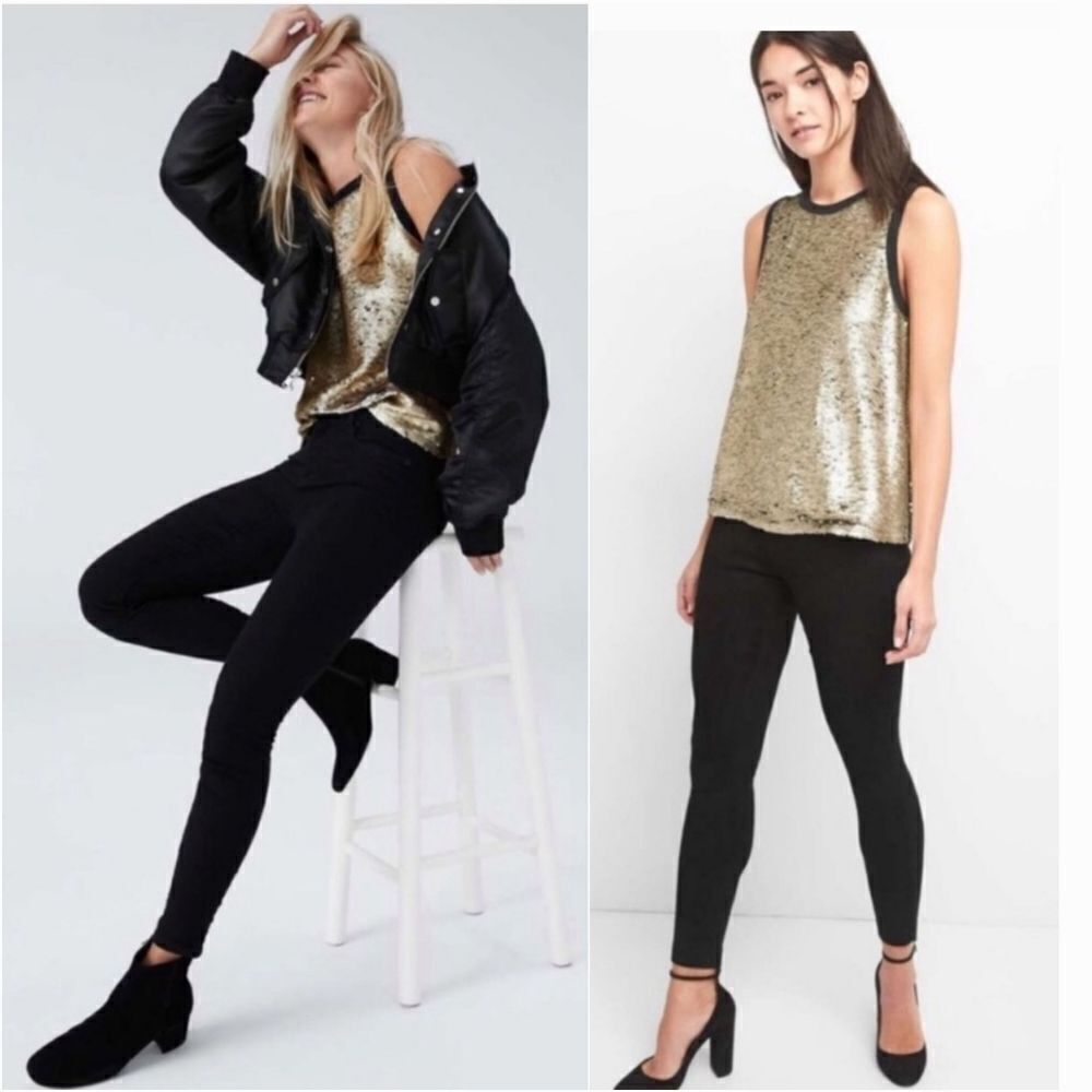 GAP Matte Gold Black Reversible Sequin Sleeveless Top Blouse Tank S